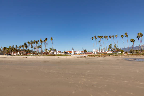 istock beach at Santa Barbara with palm trees and old lighthouse 1139470461
