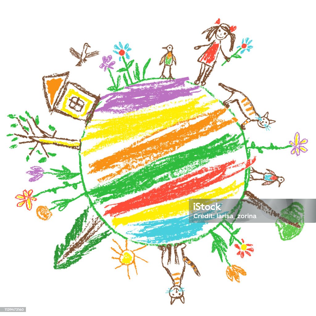 Earth day eco friendly concept. Like child`s hand drawn doodle colorful vector art. World ecology globe planet. Save nature. Crayon, pencil, chalk stroke art. Green day. Home, tree, kid, animal around Child stock vector