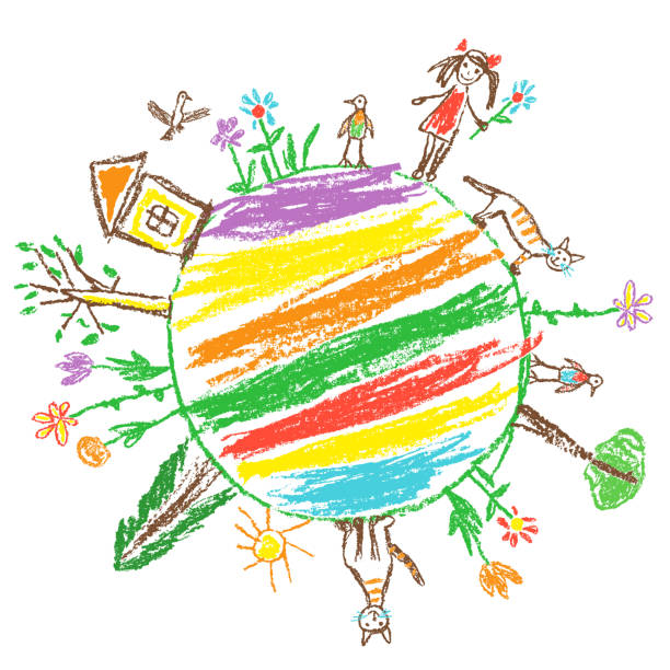 Earth day eco friendly concept. Like child`s hand drawn doodle colorful vector art. World ecology globe planet. Save nature. Crayon, pencil, chalk stroke art. Green day. Home, tree, kid, animal around child drawings stock illustrations