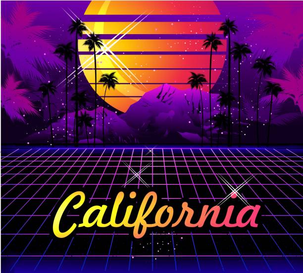 Retro Wave synth Sci-fi vector background, sunrise in the style of retro-grazing waves, synth, 80s design black light party stock illustrations