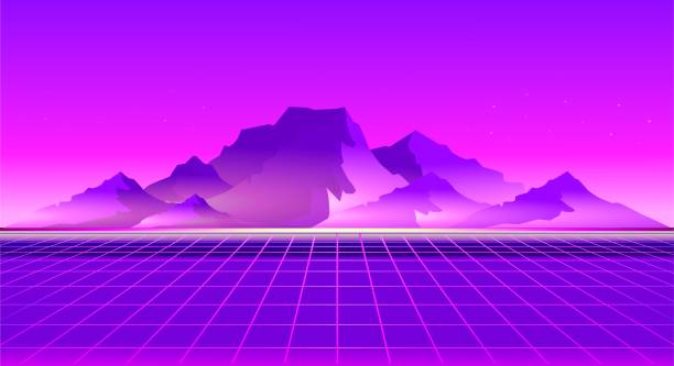 Retro Wave Sunset Retro sci-fi background sunset over the mountains with a computer error, retro waves in the style of the 1980s posters. nerd stock illustrations