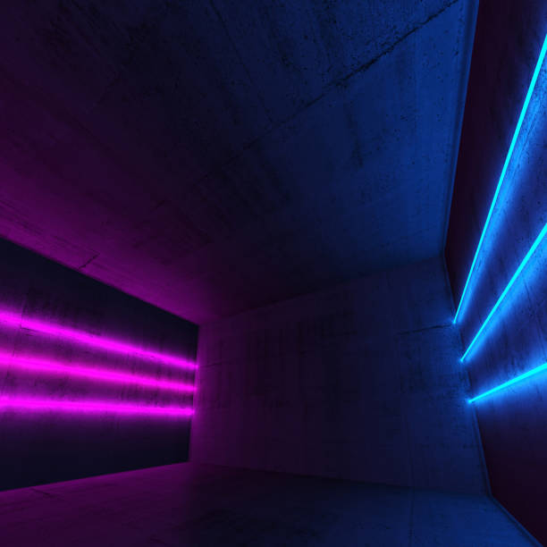 istock Colorful neon lights in empty room 1139480780