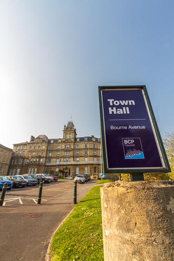 Bournemouth, England – BCP Bournemouth, Christchurch and Poole Council, Logo on sign and Town Hall created April 1 2019 on March 30 2019 in UK.