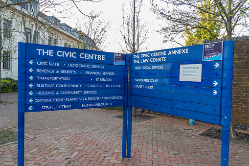 Bournemouth, England – BCP Bournemouth, Christchurch and Poole Council, sign at Poole Civic Centre created April 1 2019 on March 30 2019 in UK.