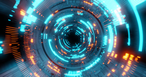istock Flying into tunnel, sci-fi spaceship corridor. Futuristic technology abstract seamless for tech titles and background. 1139488375