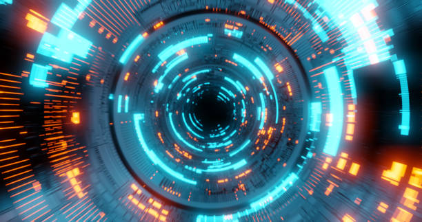 istock Flying into tunnel, sci-fi spaceship corridor. Futuristic technology abstract seamless for tech titles and background. 1139488377