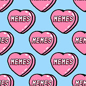istock Seamless pattern with hearts with word "Memes" on it. Quirky funny cartoon comic style of 80-90s. Blue background. 1139489280