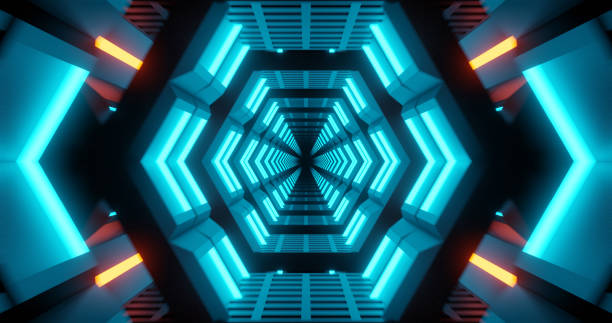 istock Flying into tunnel, sci-fi spaceship corridor. Futuristic technology abstract seamless for tech titles and background. 1139489478