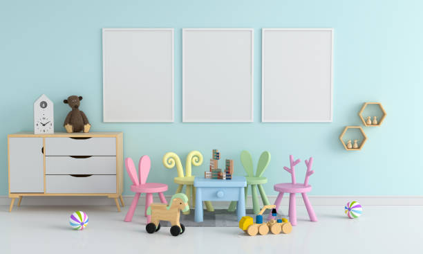 istock Three blank photo frame for mockup in child room, 3D rendering 1139493162