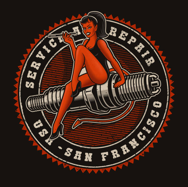 Vector coloured illustration of a devil girl on spark plug Vintage coloured vector illustration of a devil girl on a spark plug on the dark background. Text is in a separate group. pin up girls and cars stock illustrations
