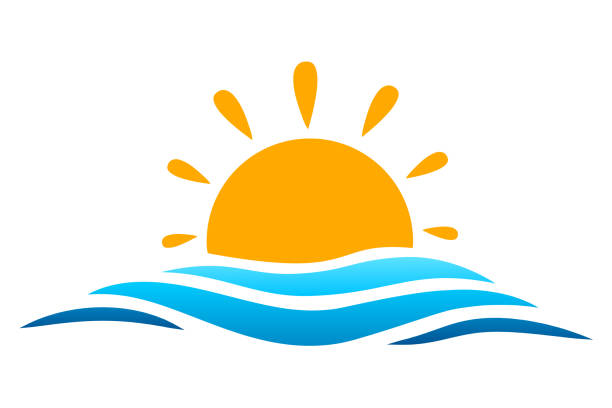 ilustraciones, imágenes clip art, dibujos animados e iconos de stock de paisaje marino, mar azul y sol, signo de verano – vector de stock - river wave symbol sun