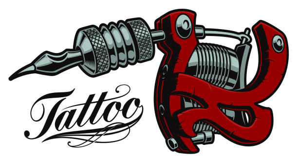 illustrazioni stock, clip art, cartoni animati e icone di tendenza di illustrazione vettoriale colorata di una macchina per tatuaggi - tatuare