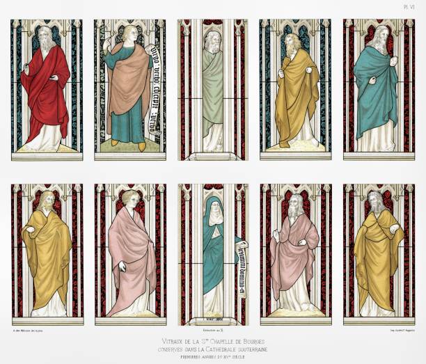 illustrazioni stock, clip art, cartoni animati e icone di tendenza di vitraux della sainte-chapelle. dalla cattedrale di bourges vetrate 1891 - cher