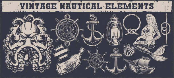 Set of a vintage nautical elements Set of black and white vintage nautical elements for design isolated on the dark background. nautical tattoos stock illustrations