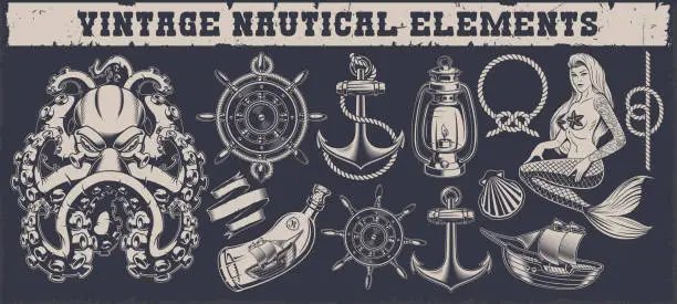 Vector illustration of Set of a vintage nautical elements