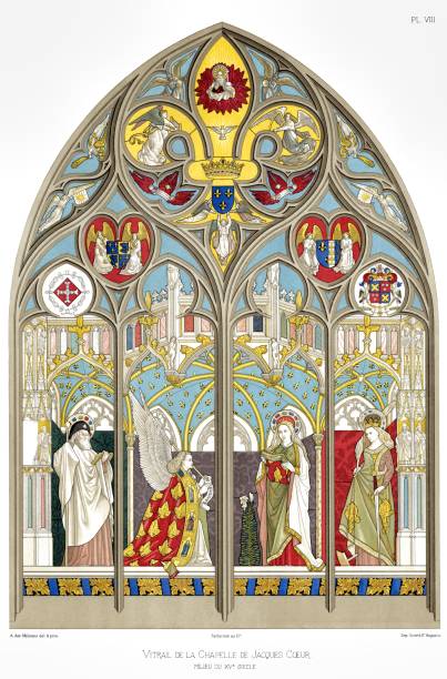 illustrazioni stock, clip art, cartoni animati e icone di tendenza di vitrail nella cappella di jacques coeur. dalla cattedrale di bourges vetrate 1891 - cher