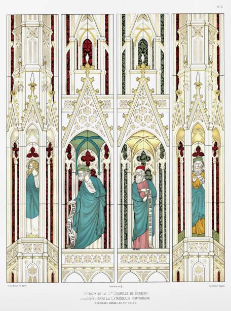 illustrazioni stock, clip art, cartoni animati e icone di tendenza di vitraux della sainte-chapelle. dalla cattedrale di bourges vetrate 1891 - cher