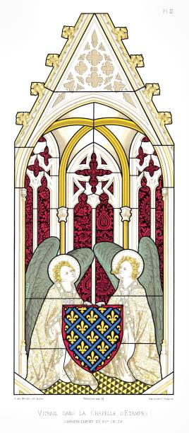 신성한 심장 예배당의 vitrail. 부르 주 대성당에서 스테인드 글라스 1891 - cher stock illustrations