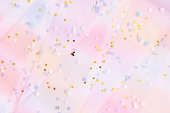 Unicorn festive background. Party, birthday, wedding, holiday concept. Flat lay, top view, copy space