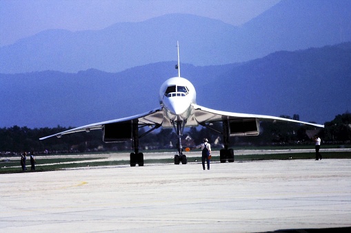 05/01/1984, Klagenfurt Austria. Supersonic passenger plane Concorde on the taxiway of Klagenfurt airport. Shot during a rare visit on the occasion of airport open day