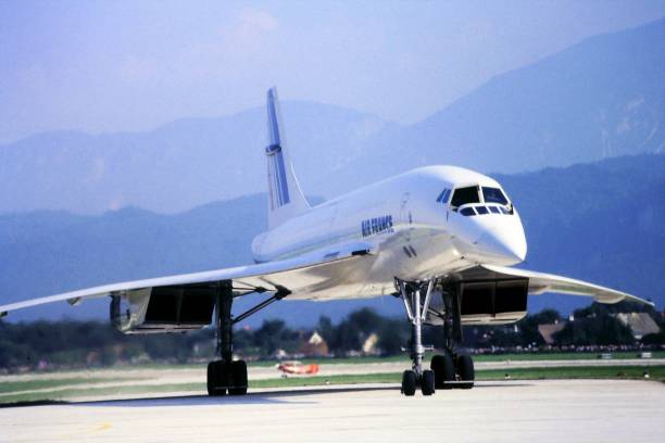 Supersonic plane Concorde 05/01/1984 Klagenfurt Austria, Famous supersonic airplane Concorde run by Air France on a rare visit to Austria during an airport open day supersonic airplane photos stock pictures, royalty-free photos & images