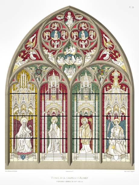 illustrazioni stock, clip art, cartoni animati e icone di tendenza di vitrail di cappella di aligret. dalla cattedrale di bourges vetrate 1891 - cher