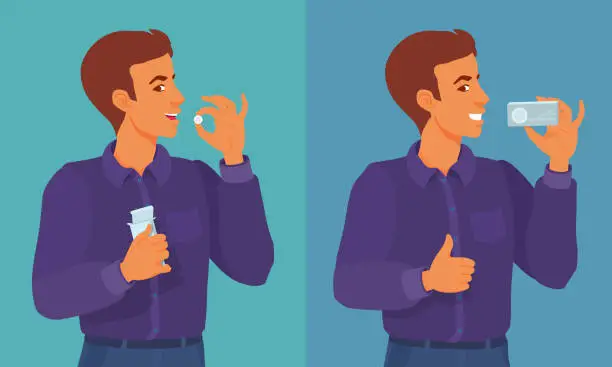 Vector illustration of A young man takes a pill, smiling, showing approving gesture thumb up. Ad for medical tablets, vitamins.