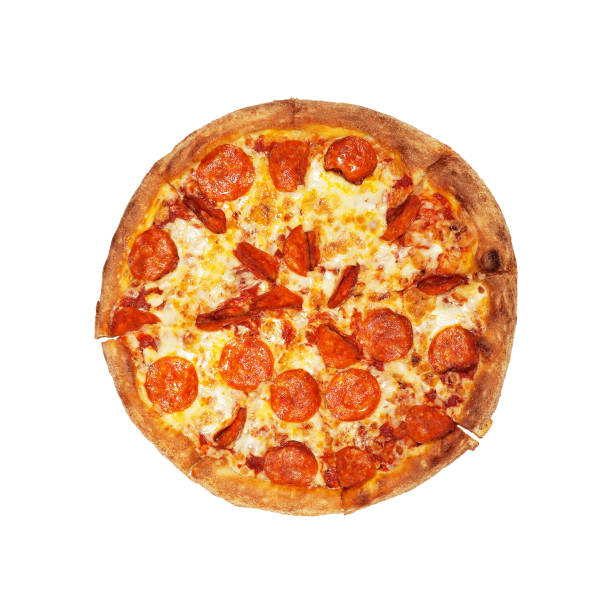 istock Pizza with salami isolated on white background. Pizza pepperoni, top view 1139506512