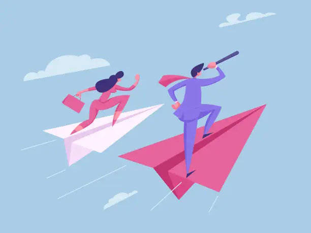 Vector illustration of Business Vision, Future Strategy Team Spirit Concept. Business People Characters Flying on Paper Planes. Man Looking for New Idea with Telescope for Website, Banner, Poster. Flat Vector Illustration