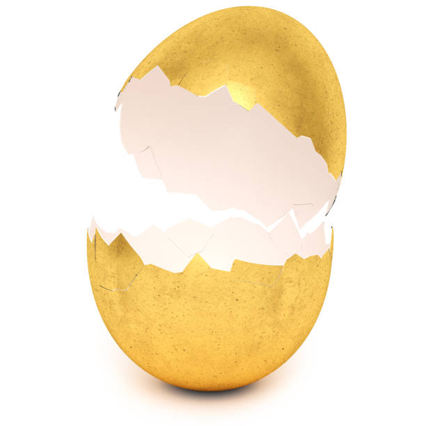 golden egg with broken eggshell - easter animal egg eggs single object imagens e fotografias de stock