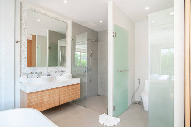Luxury bathroom features basin, toilet bowl home, house ,building stock photo