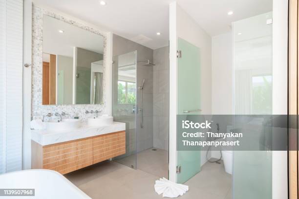Luxury Bathroom Features Basin Toilet Bowl Home House Building Stock Photo - Download Image Now