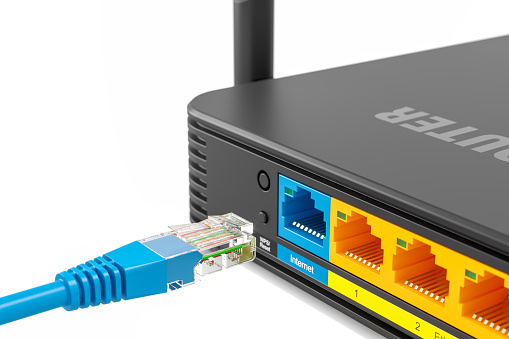 Lan On Router Lan Connector Plugging In Lan Port Internet Wireless Router Back Side ...