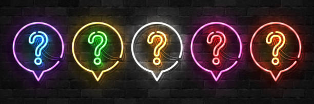 Vector set of realistic isolated neon sign of Question logo for template decoration and covering on the wall background. Vector set of realistic isolated neon sign of Question logo for template decoration and covering on the wall background. brick cafe stock illustrations