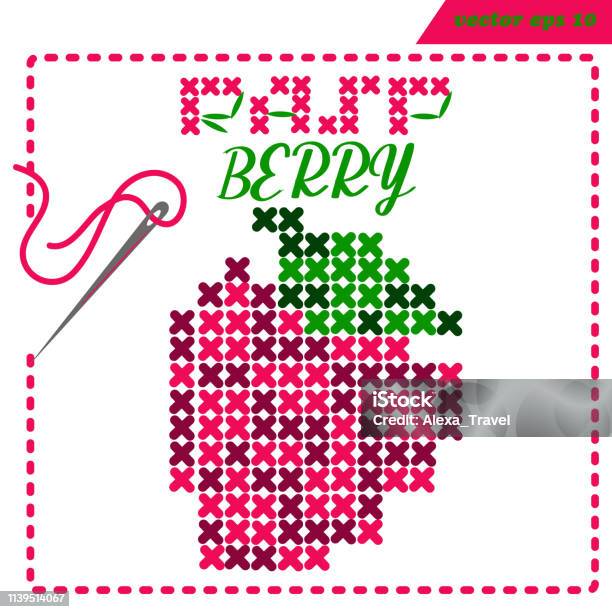 Crosstiched Simple Raspberry With Framle And Needle Stock Illustration - Download Image Now