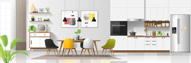 innenausbau mit küche und esszimmer, vektor, illustration - küche modern stock-grafiken, -clipart, -cartoons und -symbole