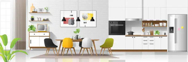 Vector illustration of Modern house interior background with kitchen and dining room combination , vector , illustration