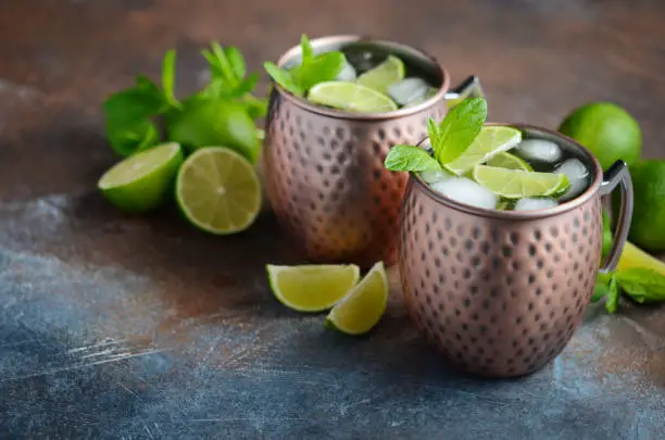 Moscow mule cocktail with ginger beer, vodka, lime and mint in a cooper mugs.