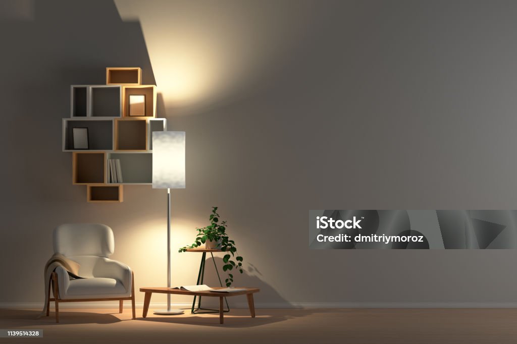 Blank wall in living room interior mock up Blank wall in living room interior at evening mock up with flooring, white chair, lamp, coffee table, bookshelf, plant. 3d render Night Stock Photo