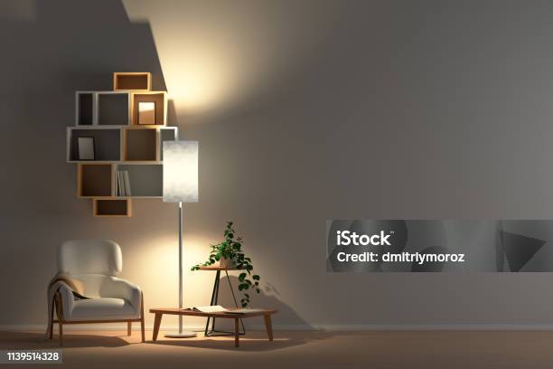 Blank Wall In Living Room Interior Mock Up Stock Photo - Download Image Now - Night, Living Room, Empty