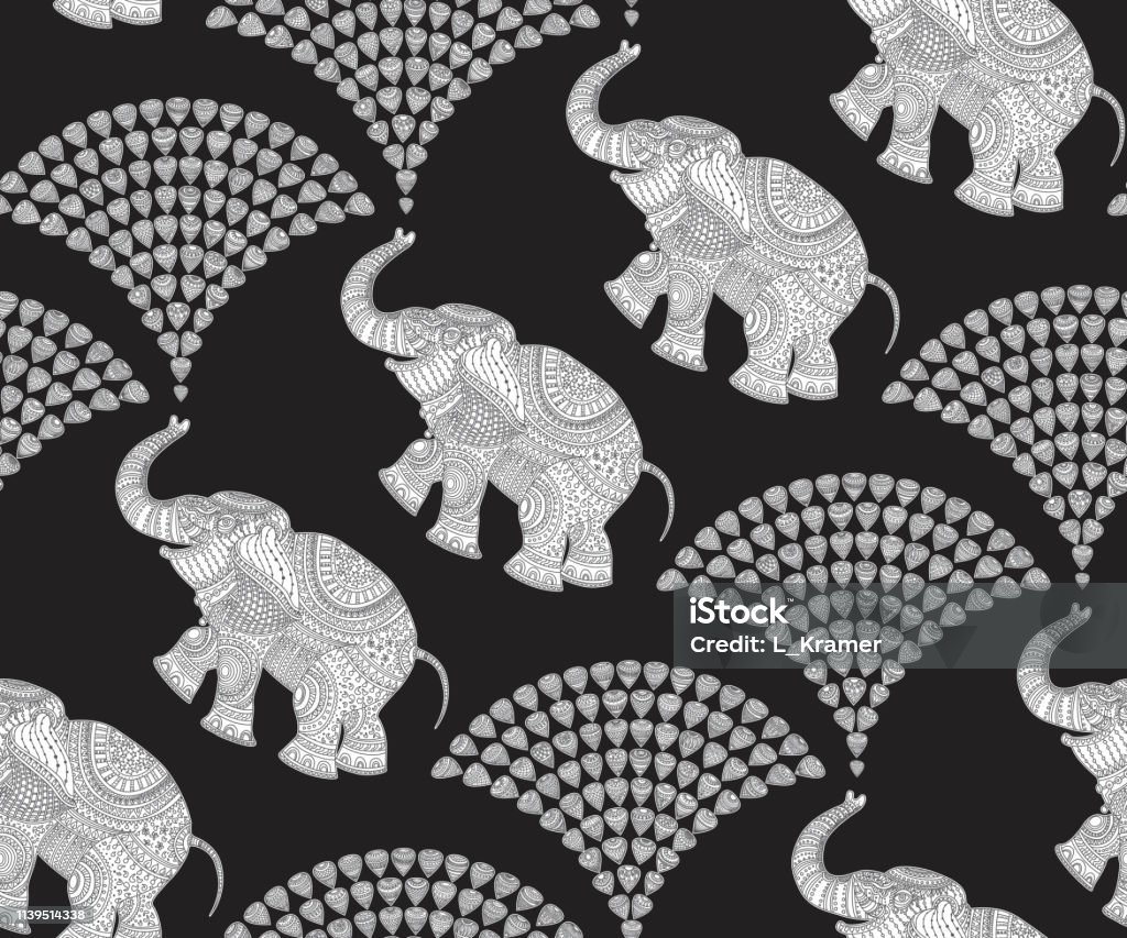 Vector Seamless Decorative Pattern From Silver Grey Elephant Silhouette  With Ethnic Ornaments And Fountain From Ornate Water Drops On A Black  Background Wallpaper Shower Curtain Print Batik Paint Stock Illustration -  Download