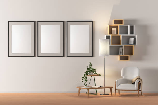 Blank wall with poster in living room interior mock up