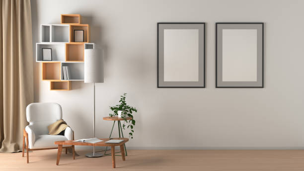 пустая стена с плакатом в гостиной интерьер макет - office chair chair two objects office стоковые фото и изображения