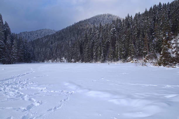 Frozen lake in the mountains, snow covered Red Lake in Romania, winter landscape.