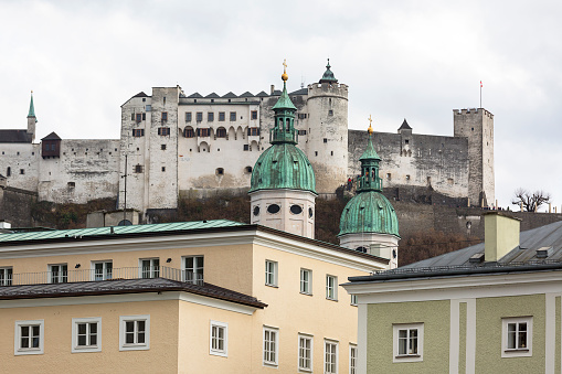 Salzburg, Austria - March 10, 2019 : Hohensalzburg Fortress, medieval castle on the Festungsberg hill