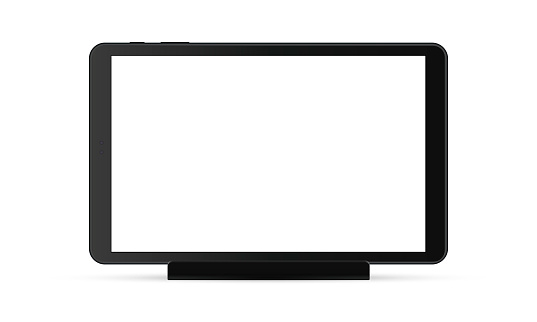 Black tablet computer with blank screen on stand isolated on white background. Vector illustration