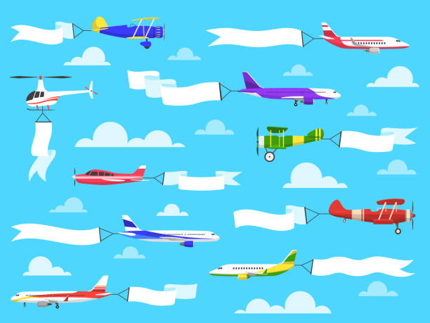 비행기와 배너입니다. 하늘에 배너와 비행 비행기, 리본에 광고 메시지와 헬리콥터. 벡터 세트 - airplane banner biplane retro revival stock illustrations