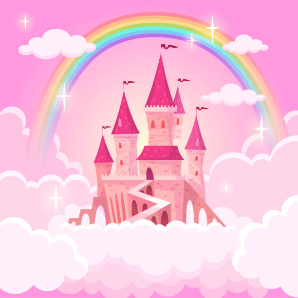 schloss der prinzessin. fantasy fliegender palast in rosa zauberwolken. märchenhaft königlicher mittelalterlicher himmelspalast. cartoon-vektorabbildung - royalty free illustrations stock-grafiken, -clipart, -cartoons und -symbole