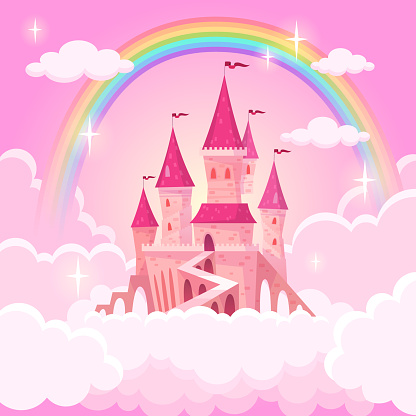 Castle princess. Fantasy flying tale palace fairies clouds magic fairytale royal palace heaven medieval cartoon, vector illustration