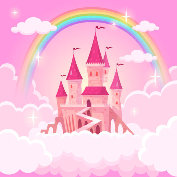 Castle of princess. Fantasy flying palace in pink magic clouds. Fairytale royal medieval heaven palace. Cartoon vector illustration Castle princess. Fantasy flying tale palace fairies clouds magic fairytale royal palace heaven medieval cartoon, vector illustration castle stock illustrations